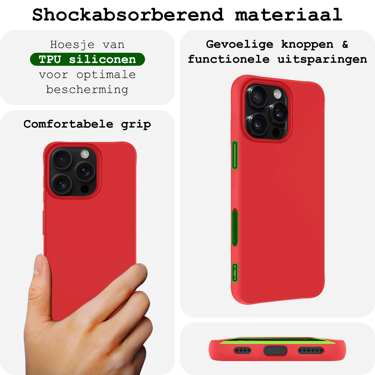 BASEY. Hoes Geschikt voor iPhone 16 Pro Hoesje Siliconen Back Cover Case - Hoesje Geschikt voor iPhone 16 Pro Hoes Cover Hoesje - Rood