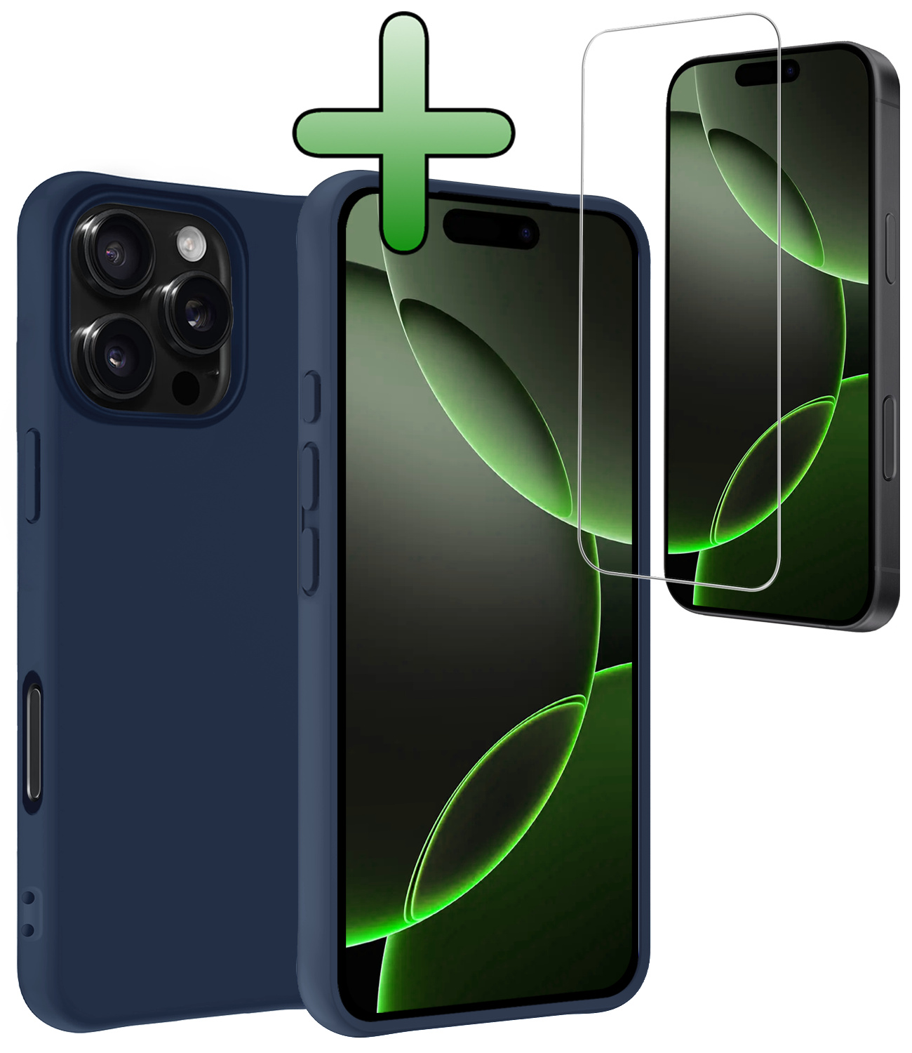 BASEY. Hoes Geschikt voor iPhone 16 Pro Hoesje Siliconen Back Cover Case Met Screenprotector - Hoesje Geschikt voor iPhone 16 Pro Hoes Cover Hoesje - Donkerblauw