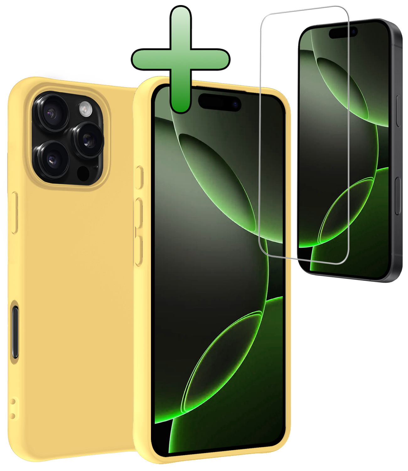 BASEY. Hoes Geschikt voor iPhone 16 Pro Hoesje Siliconen Back Cover Case Met Screenprotector - Hoesje Geschikt voor iPhone 16 Pro Hoes Cover Hoesje - Geel