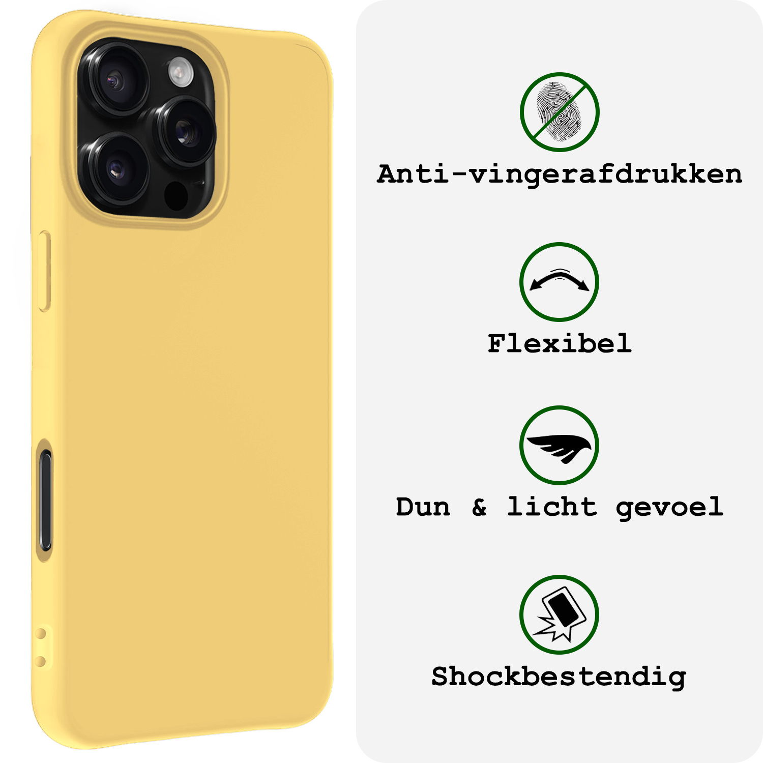 BASEY. Hoes Geschikt voor iPhone 16 Pro Hoesje Siliconen Back Cover Case Met Screenprotector - Hoesje Geschikt voor iPhone 16 Pro Hoes Cover Hoesje - Geel