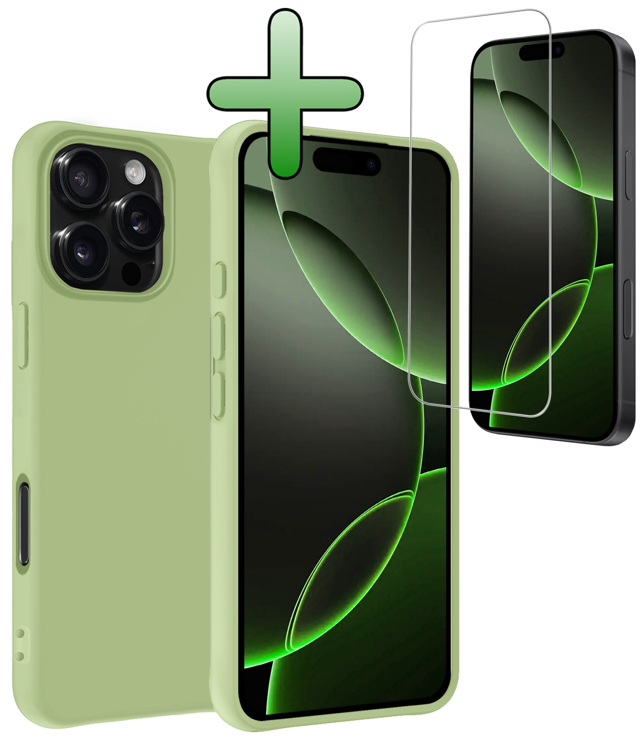 BASEY. Hoes Geschikt voor iPhone 16 Pro Hoesje Siliconen Back Cover Case Met Screenprotector - Hoesje Geschikt voor iPhone 16 Pro Hoes Cover Hoesje - Groen