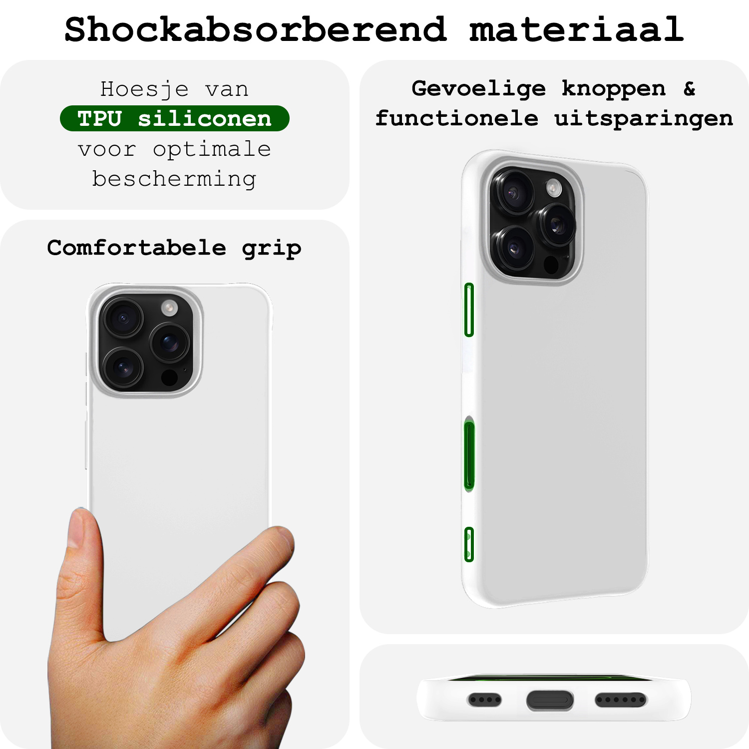 BASEY. Hoes Geschikt voor iPhone 16 Pro Hoesje Siliconen Back Cover Case Met Screenprotector - Hoesje Geschikt voor iPhone 16 Pro Hoes Cover Hoesje - Wit