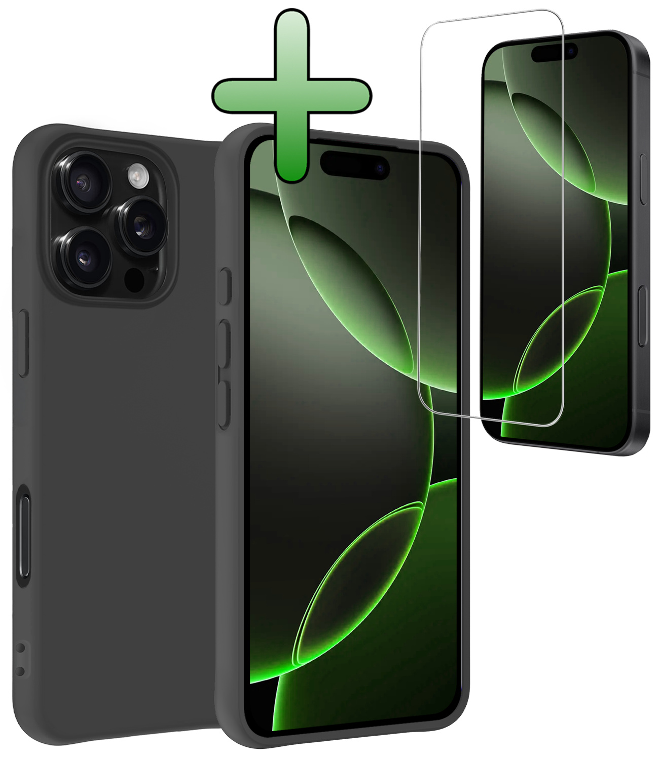 BASEY. Hoes Geschikt voor iPhone 16 Pro Hoesje Siliconen Back Cover Case Met Screenprotector - Hoesje Geschikt voor iPhone 16 Pro Hoes Cover Hoesje - Zwart