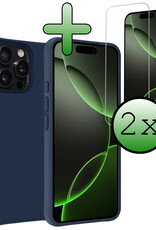 BASEY. Hoes Geschikt voor iPhone 16 Pro Hoesje Siliconen Back Cover Case Met 2x Screenprotector - Hoesje Geschikt voor iPhone 16 Pro Hoes Cover Hoesje - Donkerblauw