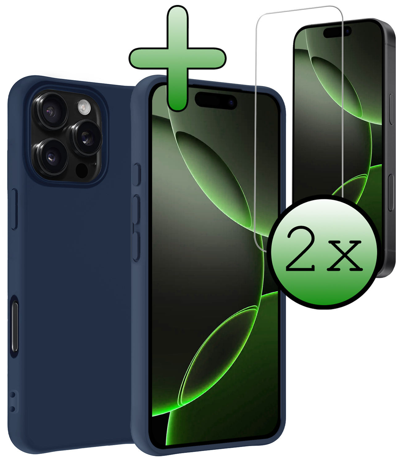 BASEY. Hoes Geschikt voor iPhone 16 Pro Hoesje Siliconen Back Cover Case Met 2x Screenprotector - Hoesje Geschikt voor iPhone 16 Pro Hoes Cover Hoesje - Donkerblauw