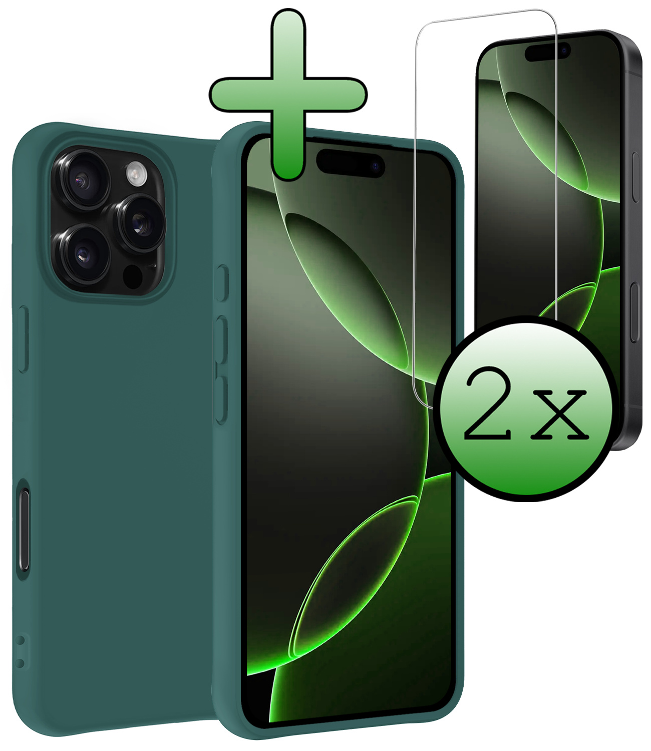 BASEY. Hoes Geschikt voor iPhone 16 Pro Hoesje Siliconen Back Cover Case Met 2x Screenprotector - Hoesje Geschikt voor iPhone 16 Pro Hoes Cover Hoesje - Donkergroen