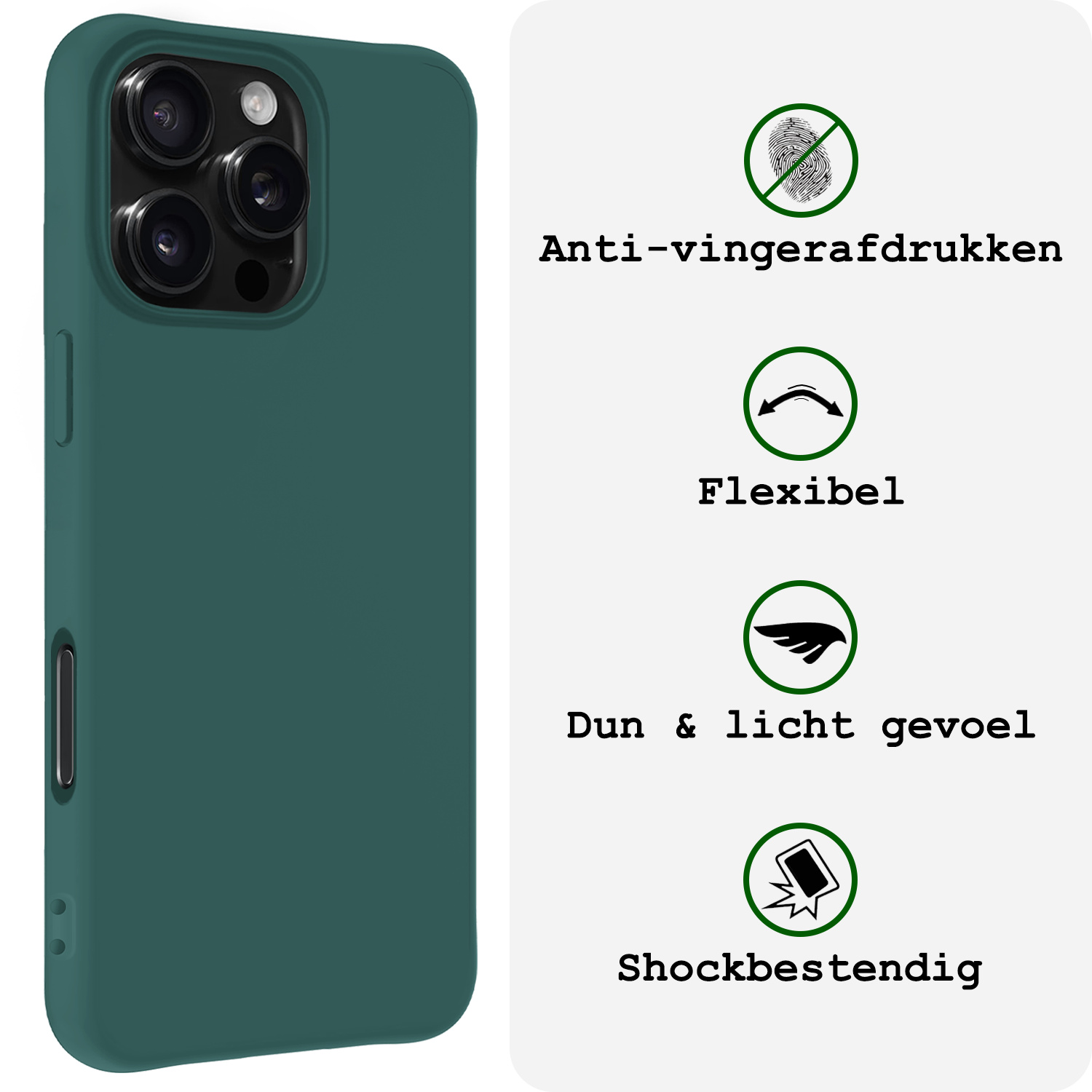 BASEY. Hoes Geschikt voor iPhone 16 Pro Hoesje Siliconen Back Cover Case Met 2x Screenprotector - Hoesje Geschikt voor iPhone 16 Pro Hoes Cover Hoesje - Donkergroen