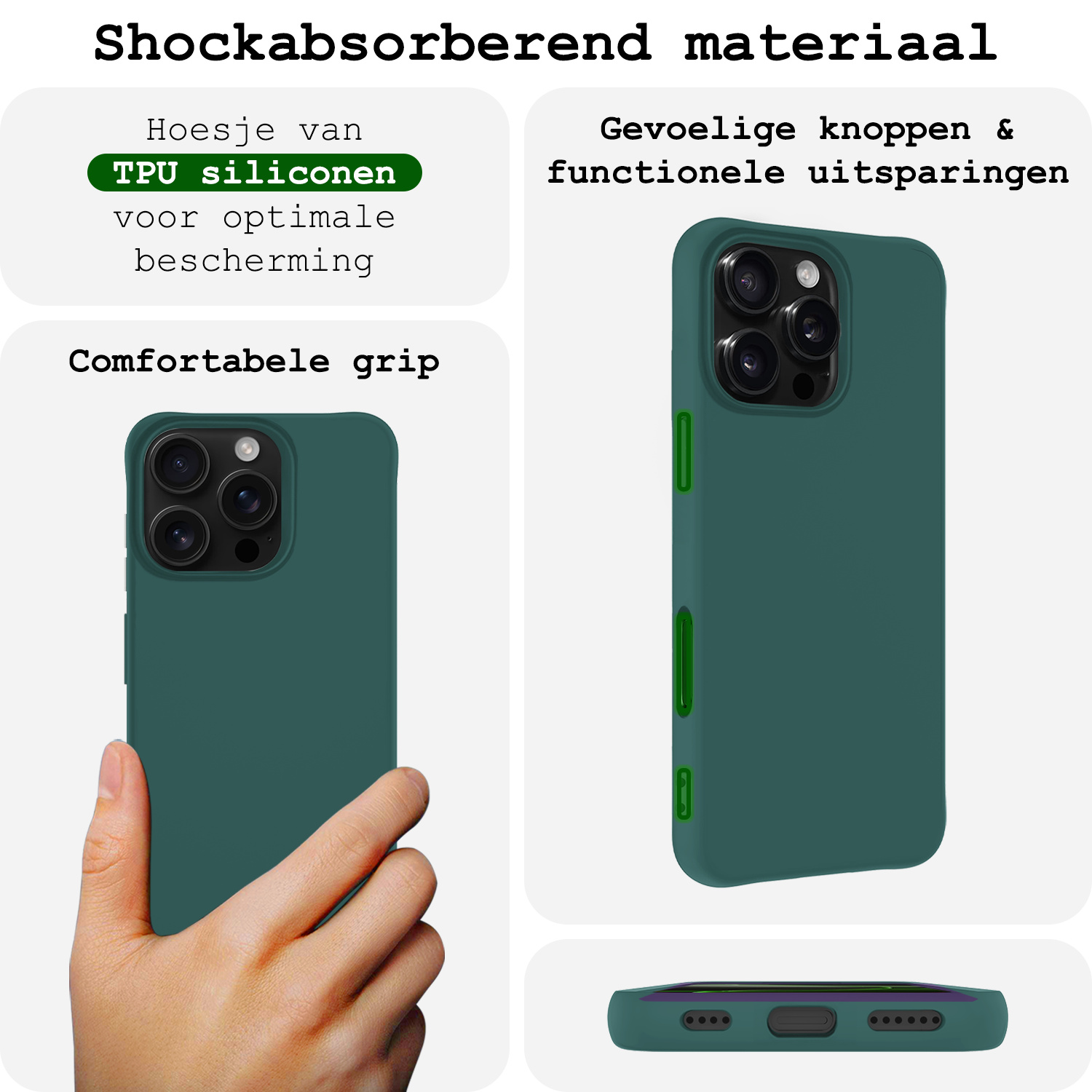 BASEY. Hoes Geschikt voor iPhone 16 Pro Hoesje Siliconen Back Cover Case Met 2x Screenprotector - Hoesje Geschikt voor iPhone 16 Pro Hoes Cover Hoesje - Donkergroen