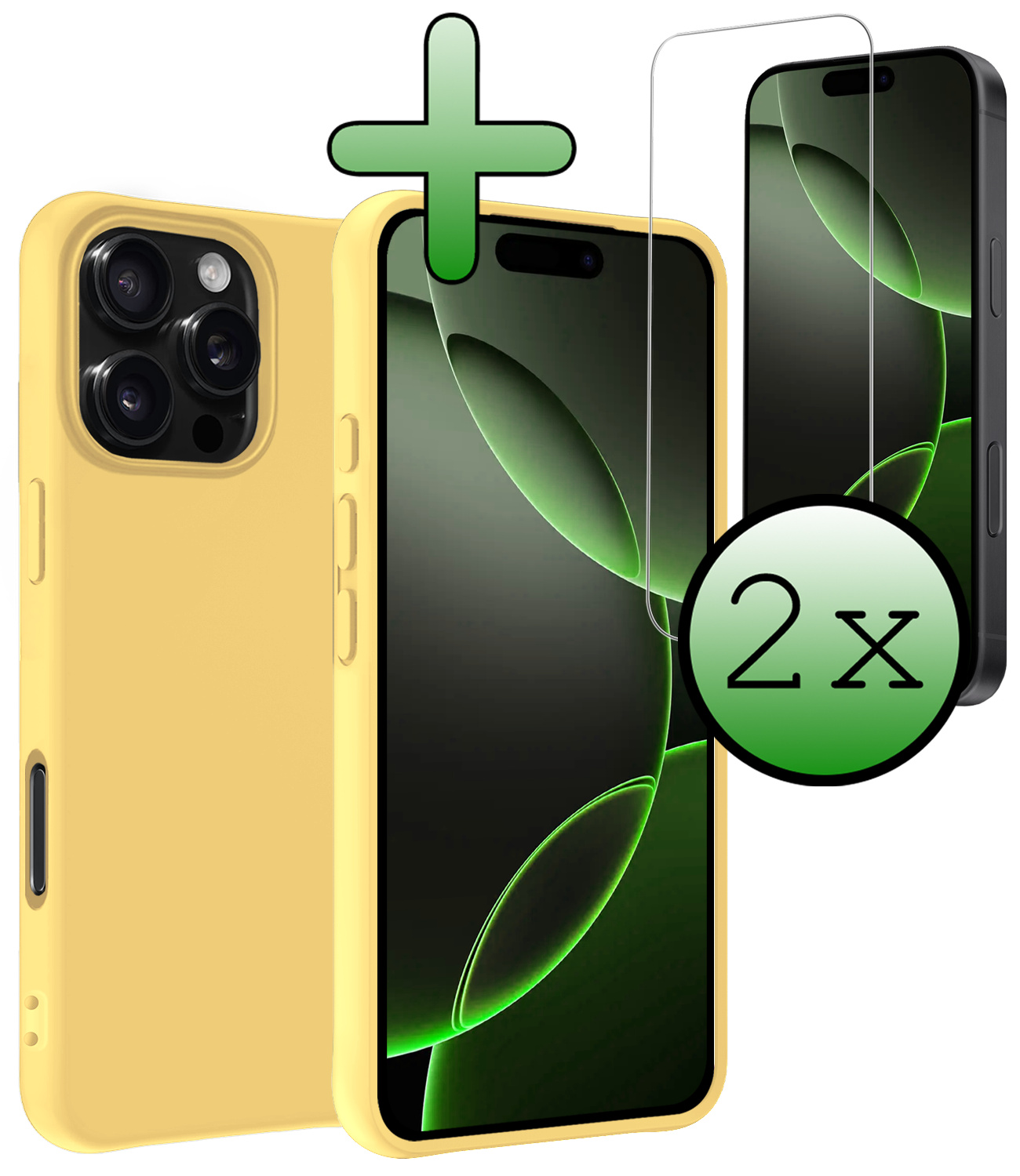 BASEY. Hoes Geschikt voor iPhone 16 Pro Hoesje Siliconen Back Cover Case Met 2x Screenprotector - Hoesje Geschikt voor iPhone 16 Pro Hoes Cover Hoesje - Geel