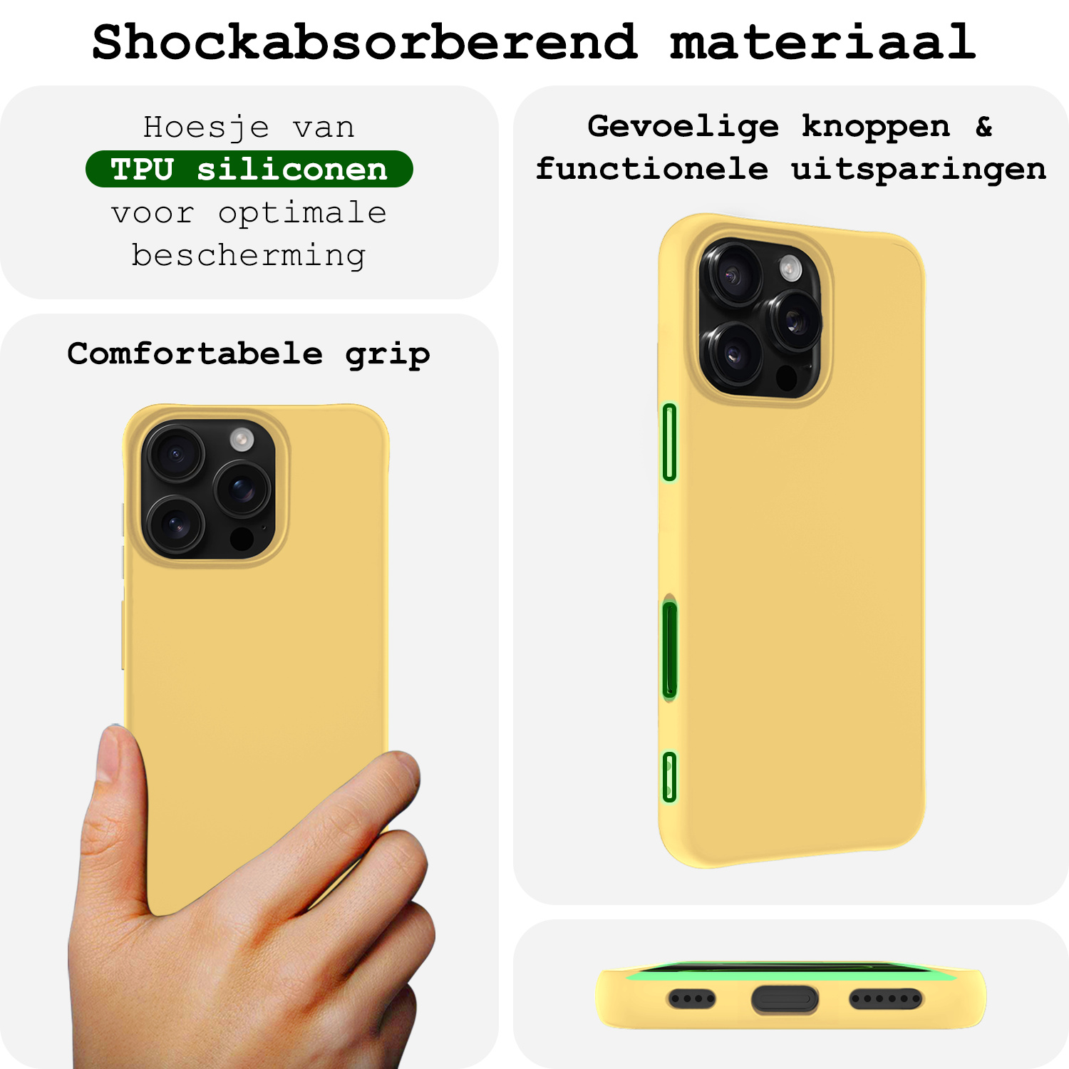 BASEY. Hoes Geschikt voor iPhone 16 Pro Hoesje Siliconen Back Cover Case Met 2x Screenprotector - Hoesje Geschikt voor iPhone 16 Pro Hoes Cover Hoesje - Geel
