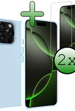BASEY. Hoes Geschikt voor iPhone 16 Pro Hoesje Siliconen Back Cover Case Met 2x Screenprotector - Hoesje Geschikt voor iPhone 16 Pro Hoes Cover Hoesje - Lichtblauw