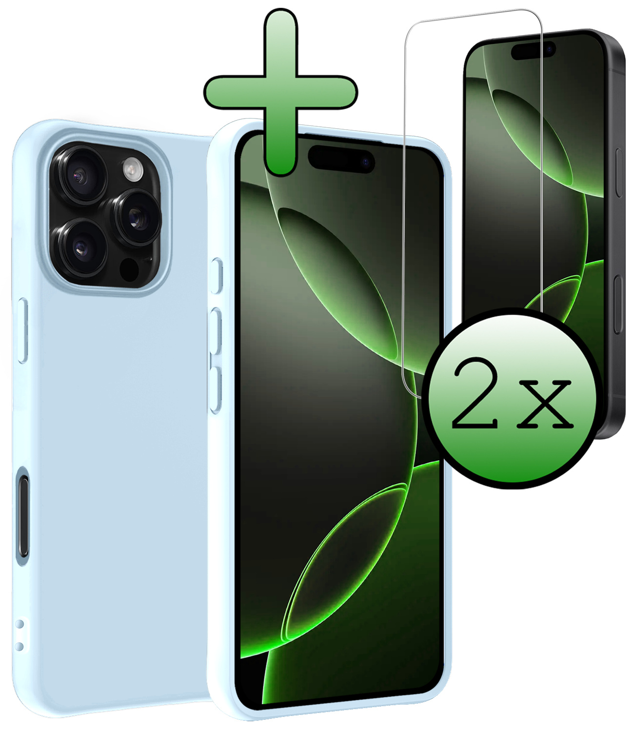 BASEY. Hoes Geschikt voor iPhone 16 Pro Hoesje Siliconen Back Cover Case Met 2x Screenprotector - Hoesje Geschikt voor iPhone 16 Pro Hoes Cover Hoesje - Lichtblauw