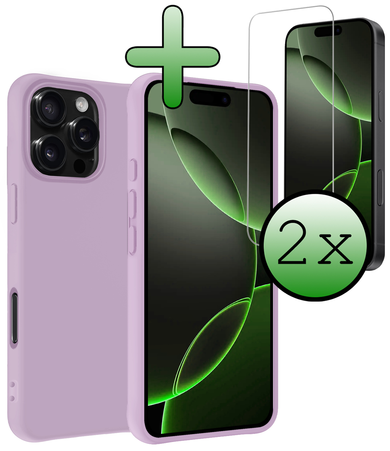 BASEY. Hoes Geschikt voor iPhone 16 Pro Hoesje Siliconen Back Cover Case Met 2x Screenprotector - Hoesje Geschikt voor iPhone 16 Pro Hoes Cover Hoesje - Lila