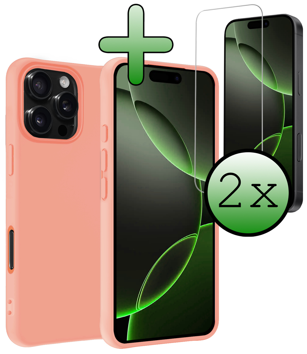 BASEY. Hoes Geschikt voor iPhone 16 Pro Hoesje Siliconen Back Cover Case Met 2x Screenprotector - Hoesje Geschikt voor iPhone 16 Pro Hoes Cover Hoesje - Perzik