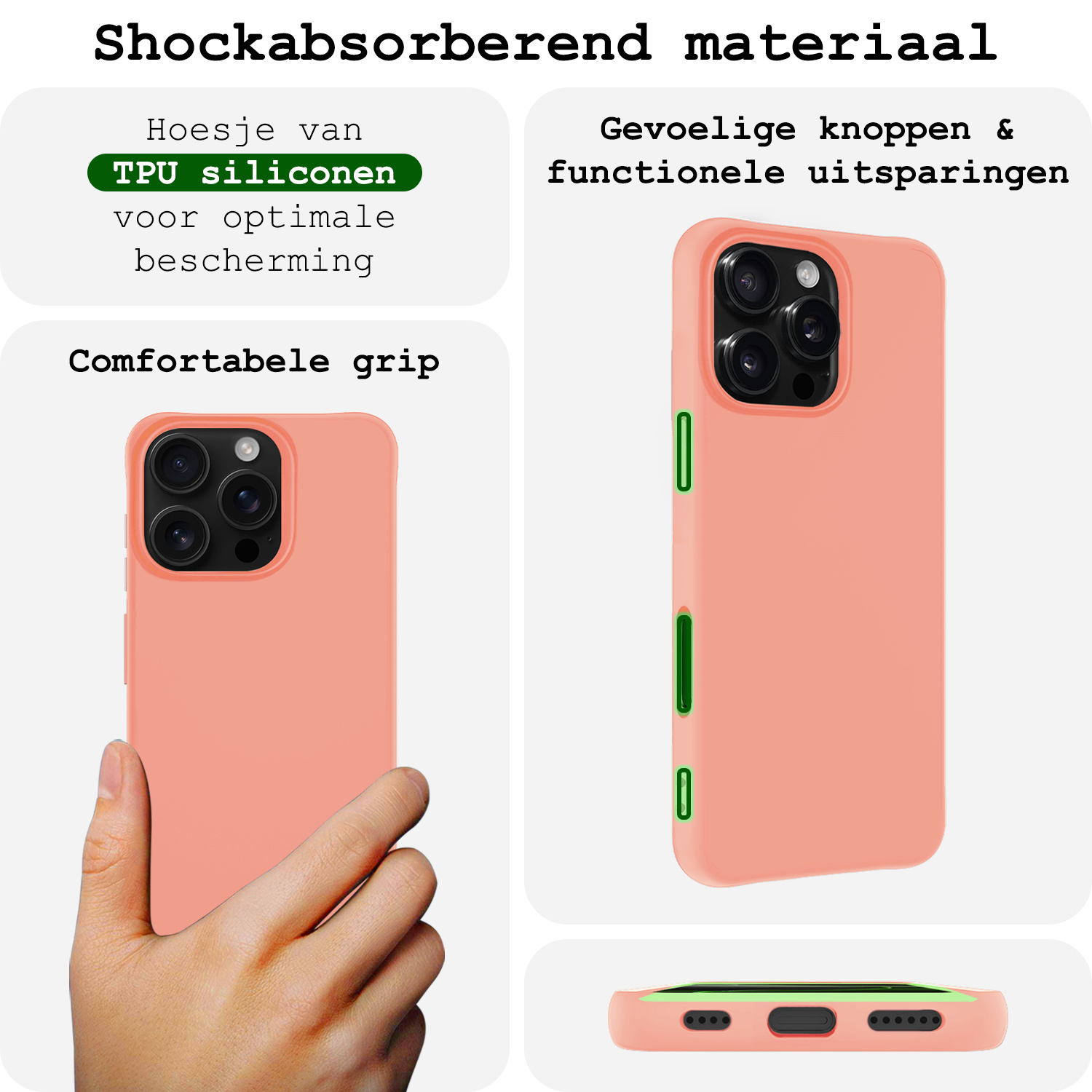 BASEY. Hoes Geschikt voor iPhone 16 Pro Hoesje Siliconen Back Cover Case Met 2x Screenprotector - Hoesje Geschikt voor iPhone 16 Pro Hoes Cover Hoesje - Perzik