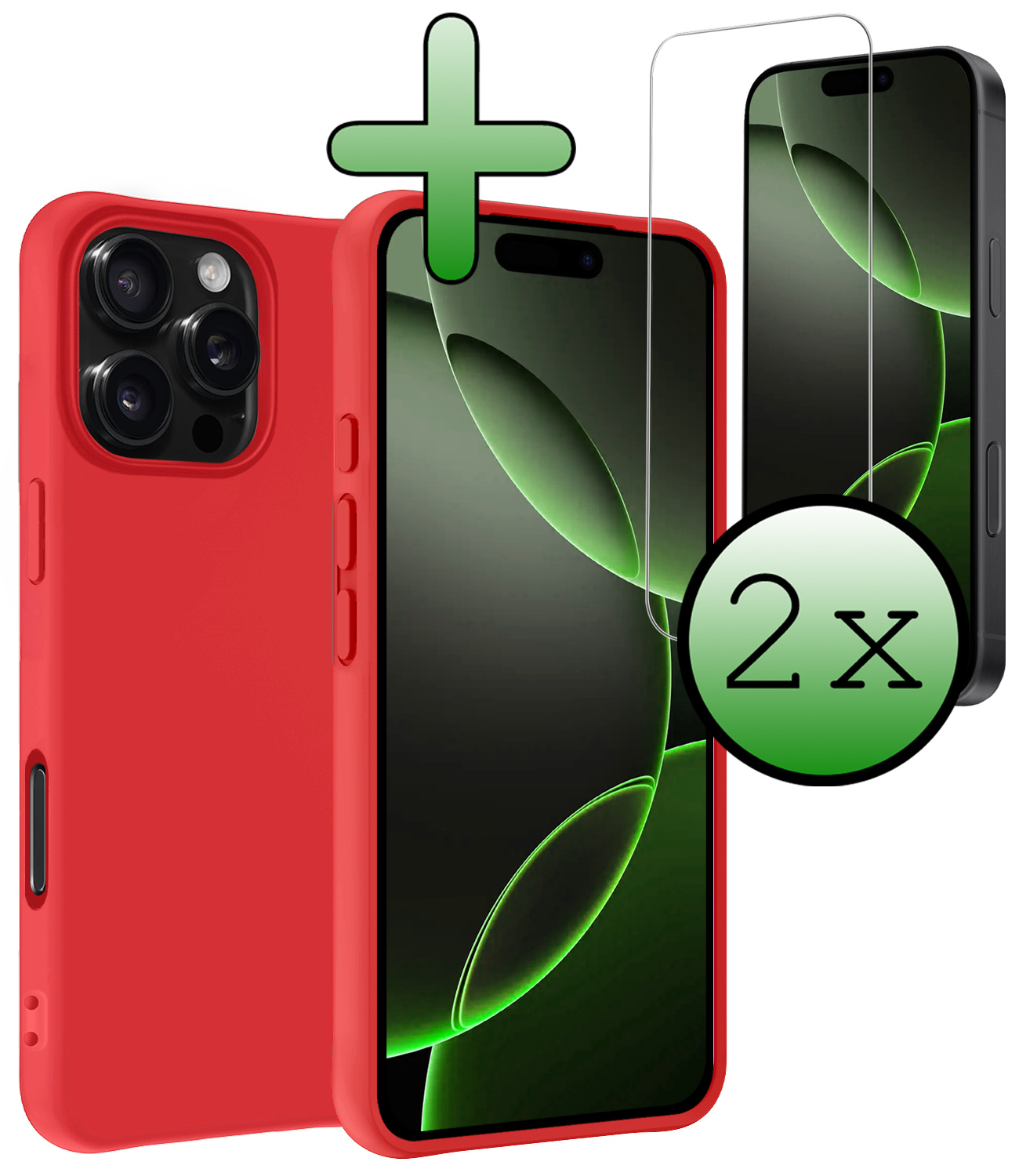 BASEY. Hoes Geschikt voor iPhone 16 Pro Hoesje Siliconen Back Cover Case Met 2x Screenprotector - Hoesje Geschikt voor iPhone 16 Pro Hoes Cover Hoesje - Rood
