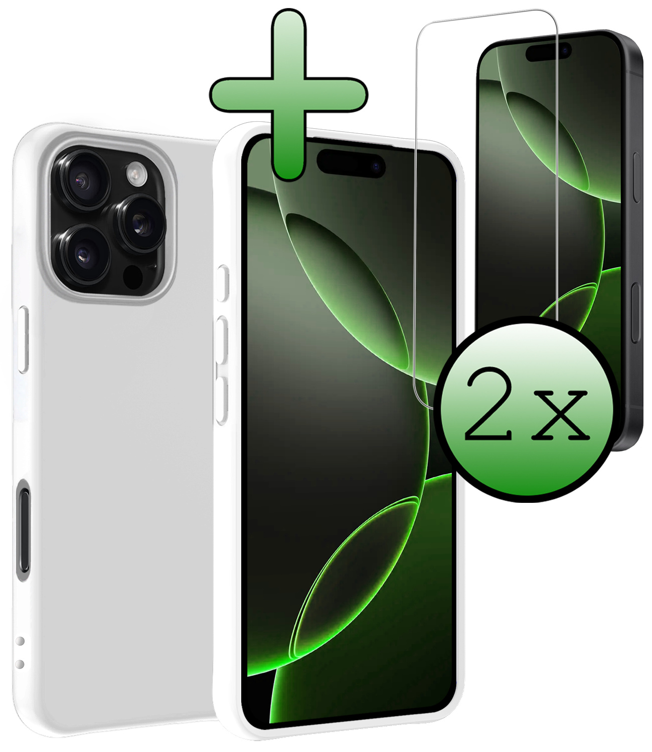 BASEY. Hoes Geschikt voor iPhone 16 Pro Hoesje Siliconen Back Cover Case Met 2x Screenprotector - Hoesje Geschikt voor iPhone 16 Pro Hoes Cover Hoesje - Wit