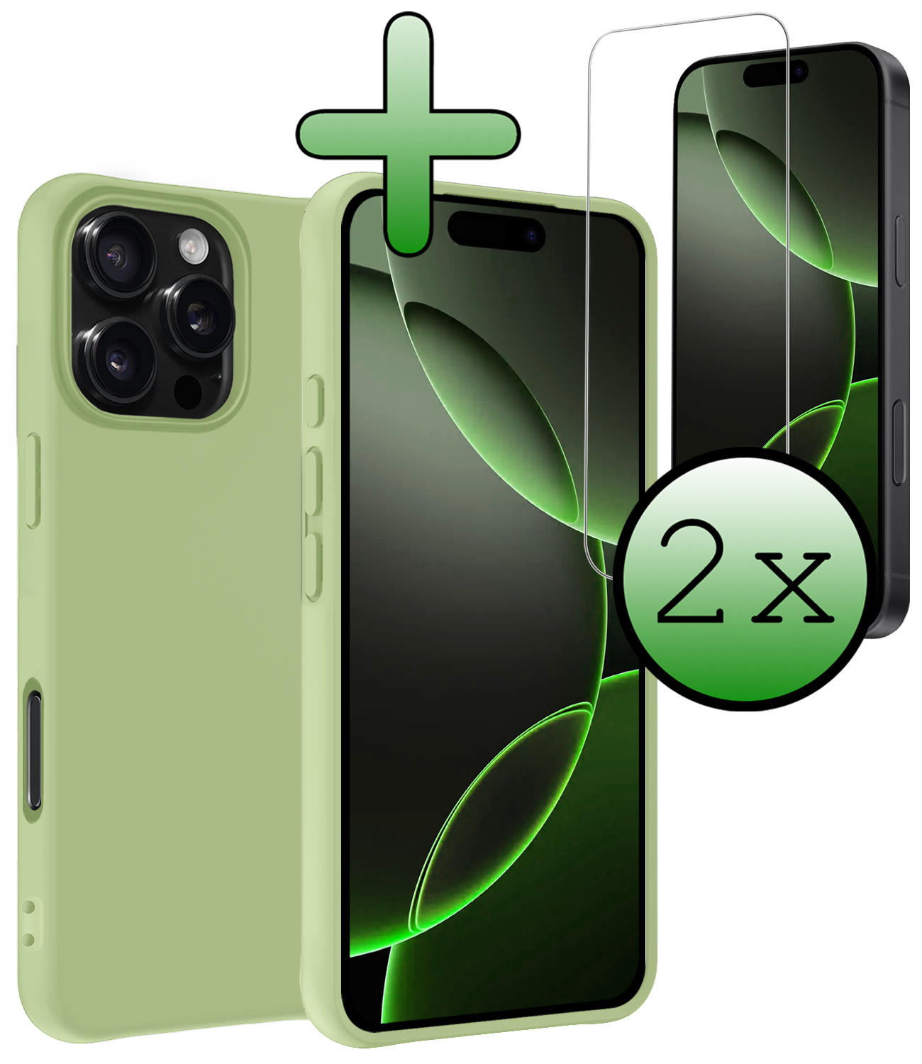 BASEY. Hoes Geschikt voor iPhone 16 Pro Max Hoesje Siliconen Back Cover Case Met 2x Screenprotector - Hoesje Geschikt voor iPhone 16 Pro Max Hoes Cover Hoesje - Groen