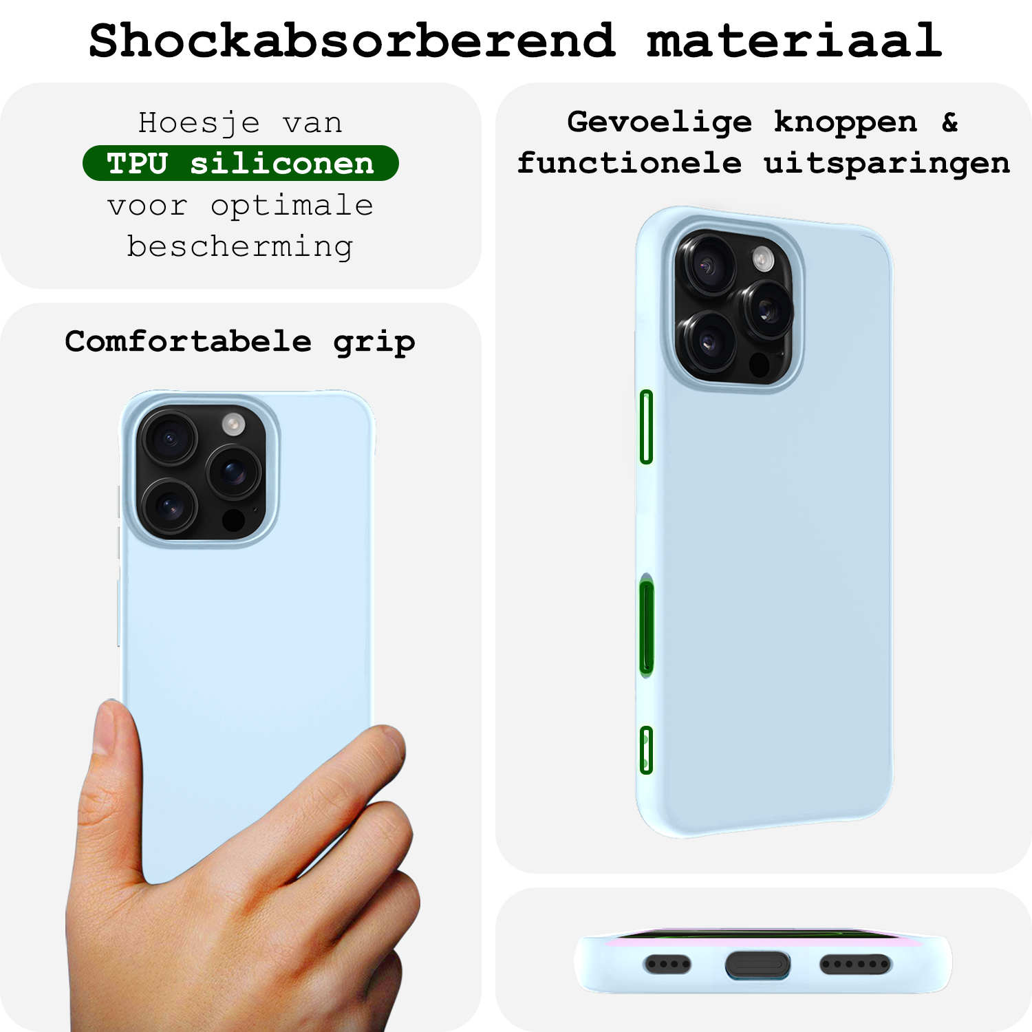 BASEY. Hoes Geschikt voor iPhone 16 Pro Max Hoesje Siliconen Back Cover Case Met 2x Screenprotector - Hoesje Geschikt voor iPhone 16 Pro Max Hoes Cover Hoesje - Lichtblauw