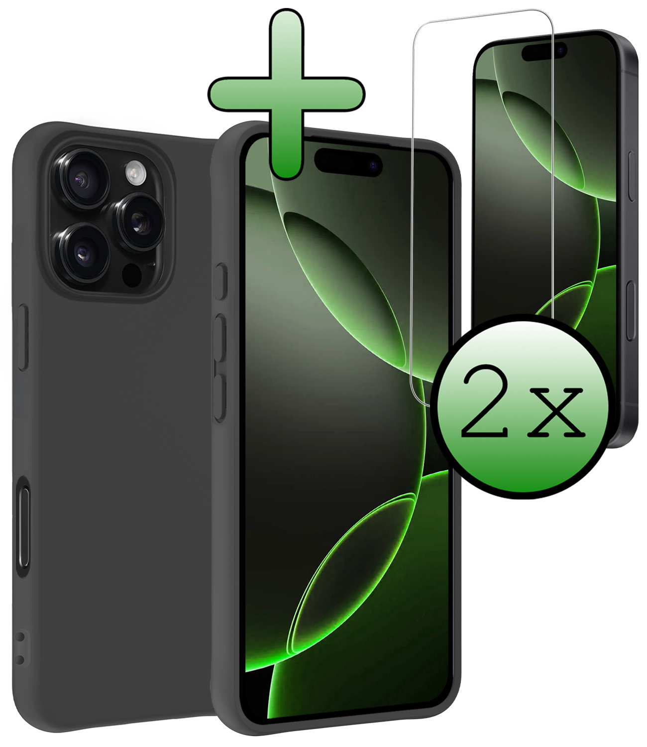 BASEY. Hoes Geschikt voor iPhone 16 Pro Max Hoesje Siliconen Back Cover Case Met 2x Screenprotector - Hoesje Geschikt voor iPhone 16 Pro Max Hoes Cover Hoesje - Zwart