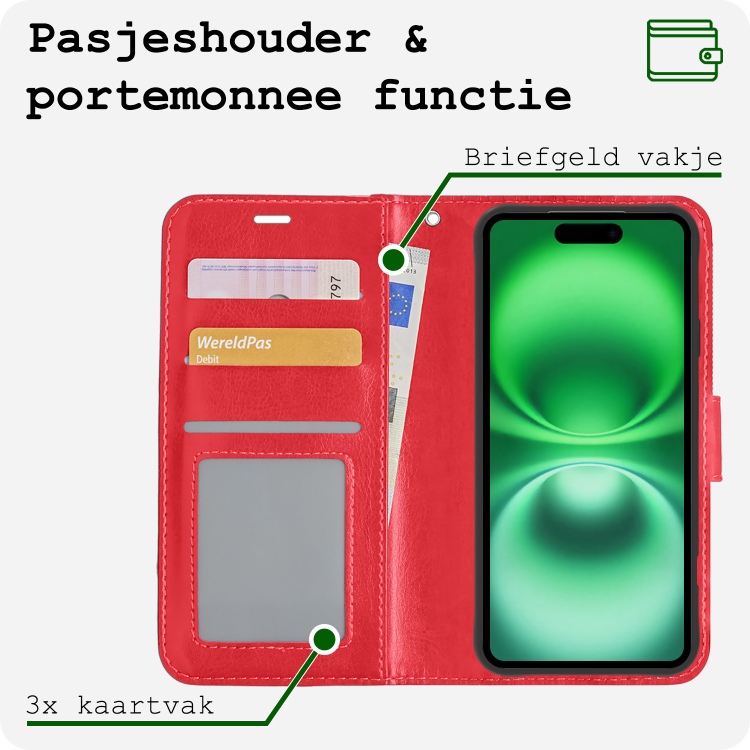 BASEY. Hoes Geschikt voor iPhone 16 Hoesje Bookcase Hoes Flip Case Book Cover - Hoesje Geschikt voor iPhone 16 Hoes Book Case Hoesje - Rood