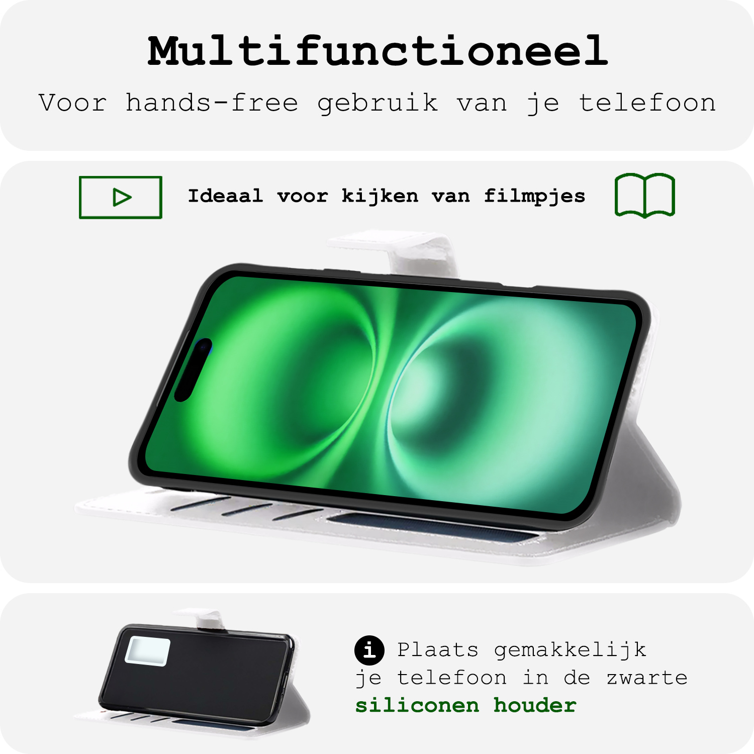 BASEY. Hoes Geschikt voor iPhone 16 Hoesje Bookcase Hoes Flip Case Book Cover - Hoesje Geschikt voor iPhone 16 Hoes Book Case Hoesje - Wit