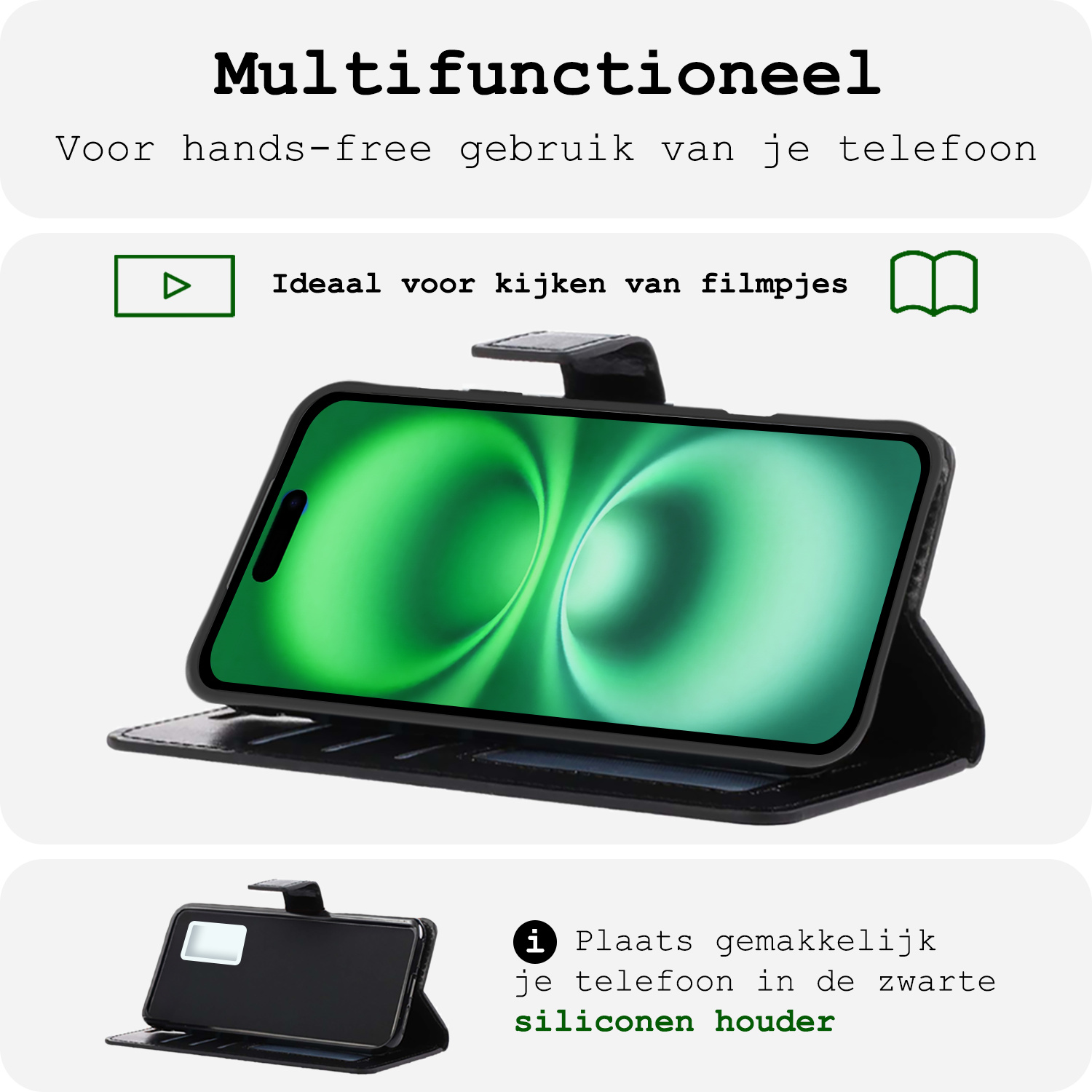 BASEY. Hoes Geschikt voor iPhone 16 Hoesje Bookcase Hoes Flip Case Book Cover - Hoesje Geschikt voor iPhone 16 Hoes Book Case Hoesje - Zwart