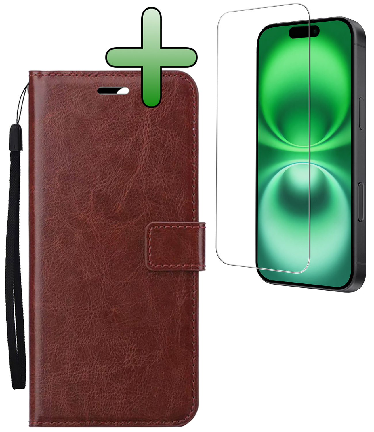 BASEY. Hoes Geschikt voor iPhone 16 Hoesje Bookcase Hoes Flip Case Book Cover Met Screenprotector - Hoesje Geschikt voor iPhone 16 Hoes Book Case Hoesje - Bruin