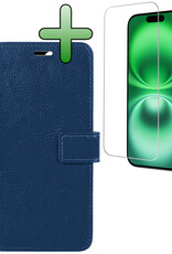 BASEY. Hoes Geschikt voor iPhone 16 Hoesje Bookcase Hoes Flip Case Book Cover Met Screenprotector - Hoesje Geschikt voor iPhone 16 Hoes Book Case Hoesje - Donkerblauw