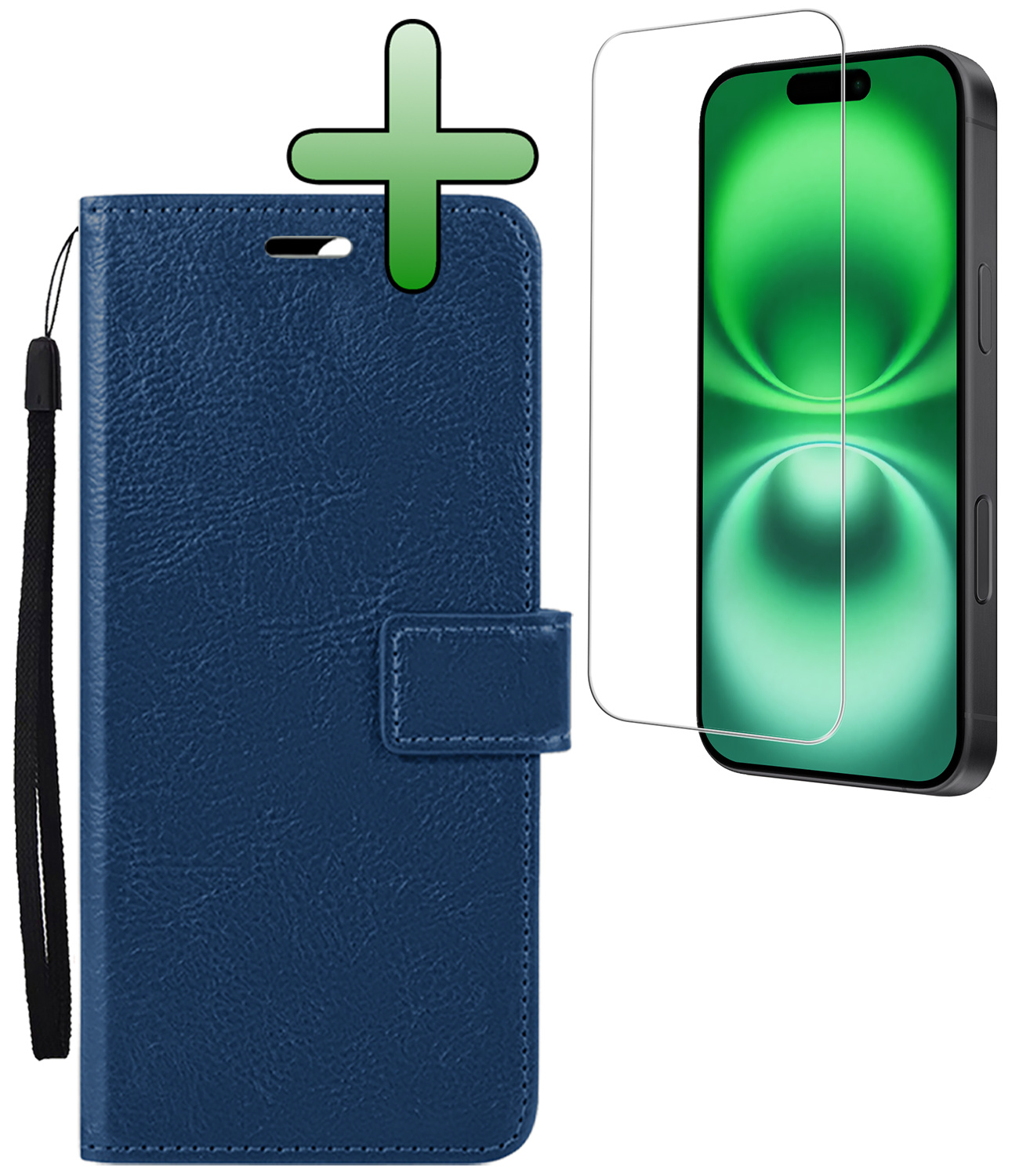 BASEY. Hoes Geschikt voor iPhone 16 Hoesje Bookcase Hoes Flip Case Book Cover Met Screenprotector - Hoesje Geschikt voor iPhone 16 Hoes Book Case Hoesje - Donkerblauw