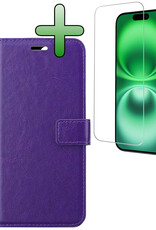 BASEY. Hoes Geschikt voor iPhone 16 Hoesje Bookcase Hoes Flip Case Book Cover Met Screenprotector - Hoesje Geschikt voor iPhone 16 Hoes Book Case Hoesje - Paars