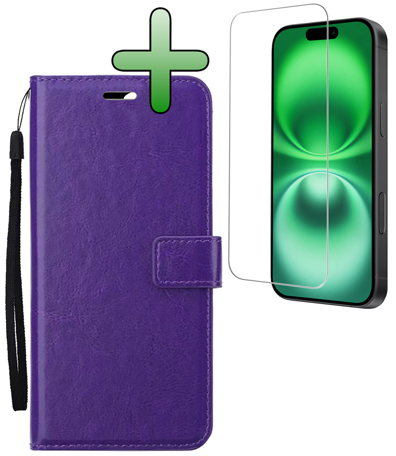 BASEY. Hoes Geschikt voor iPhone 16 Hoesje Bookcase Hoes Flip Case Book Cover Met Screenprotector - Hoesje Geschikt voor iPhone 16 Hoes Book Case Hoesje - Paars