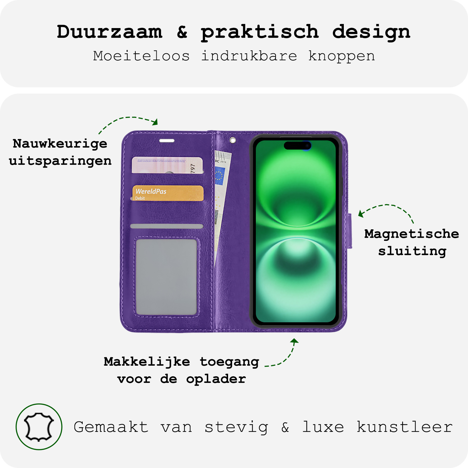 BASEY. Hoes Geschikt voor iPhone 16 Hoesje Bookcase Hoes Flip Case Book Cover Met Screenprotector - Hoesje Geschikt voor iPhone 16 Hoes Book Case Hoesje - Paars