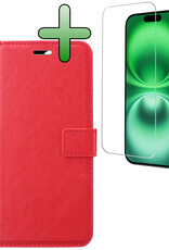 BASEY. Hoes Geschikt voor iPhone 16 Hoesje Bookcase Hoes Flip Case Book Cover Met Screenprotector - Hoesje Geschikt voor iPhone 16 Hoes Book Case Hoesje - Rood
