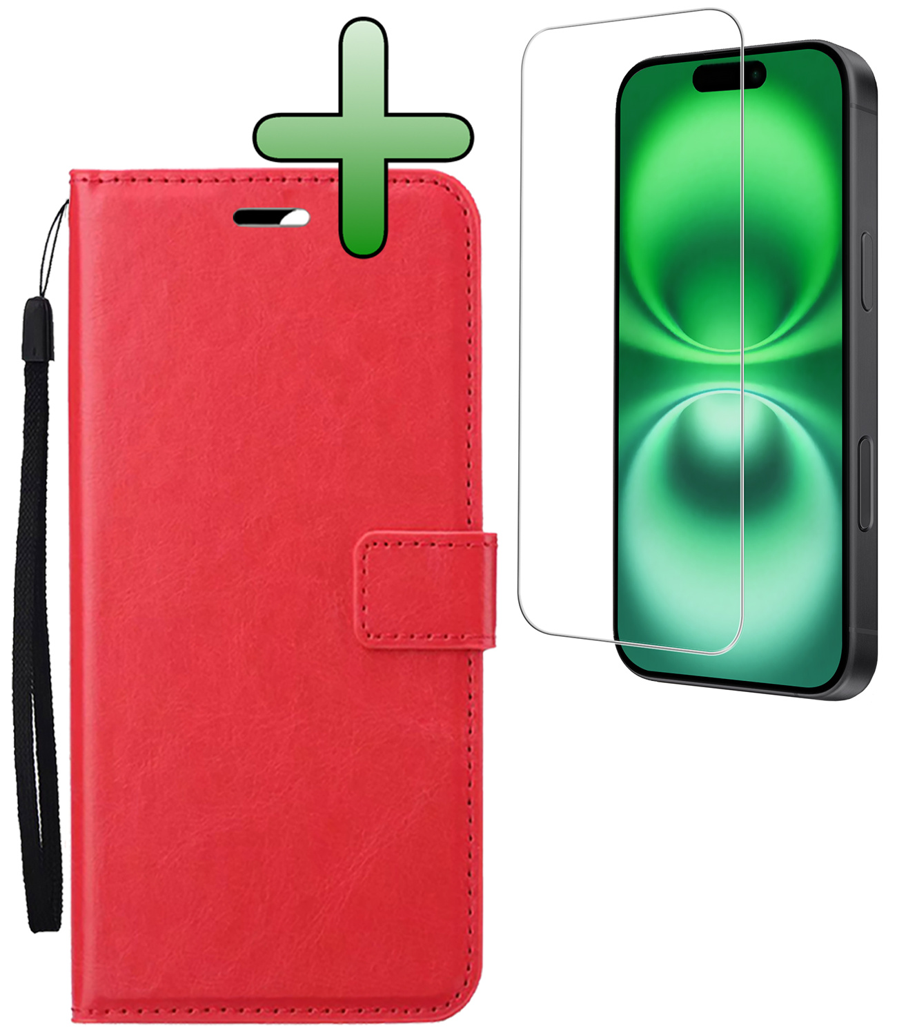 BASEY. Hoes Geschikt voor iPhone 16 Hoesje Bookcase Hoes Flip Case Book Cover Met Screenprotector - Hoesje Geschikt voor iPhone 16 Hoes Book Case Hoesje - Rood