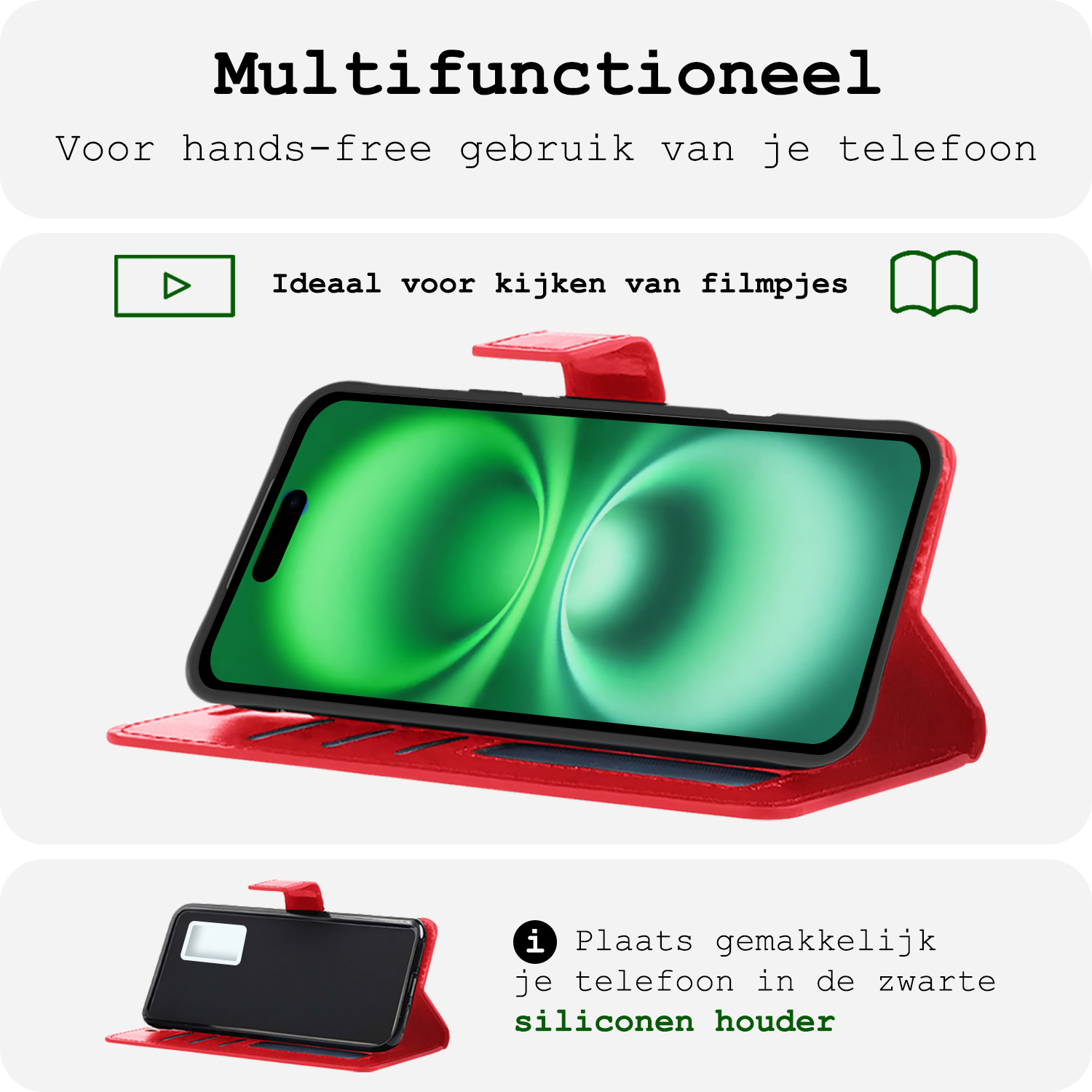 BASEY. Hoes Geschikt voor iPhone 16 Hoesje Bookcase Hoes Flip Case Book Cover Met Screenprotector - Hoesje Geschikt voor iPhone 16 Hoes Book Case Hoesje - Rood