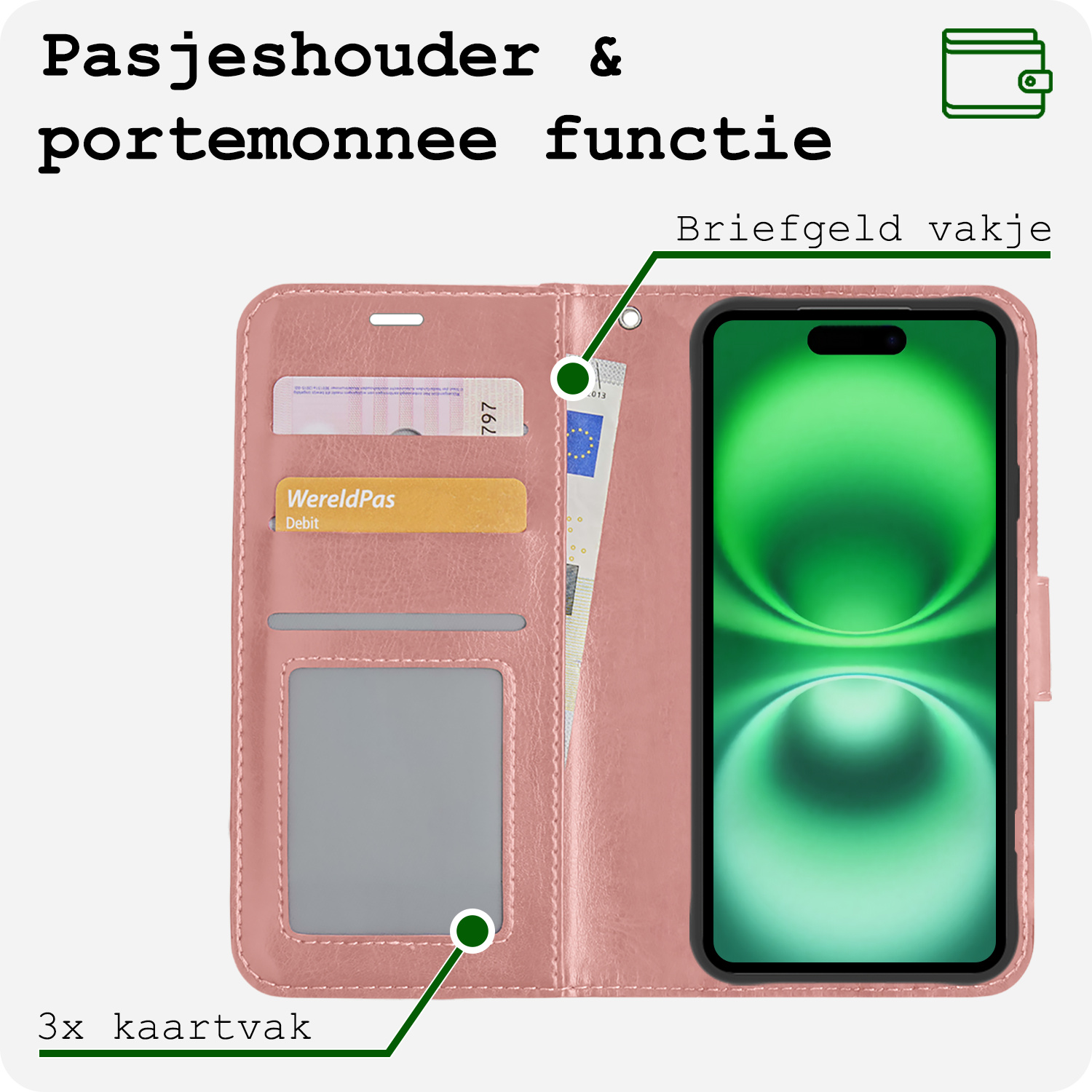 BASEY. Hoes Geschikt voor iPhone 16 Hoesje Bookcase Hoes Flip Case Book Cover Met Screenprotector - Hoesje Geschikt voor iPhone 16 Hoes Book Case Hoesje - Rosé goud