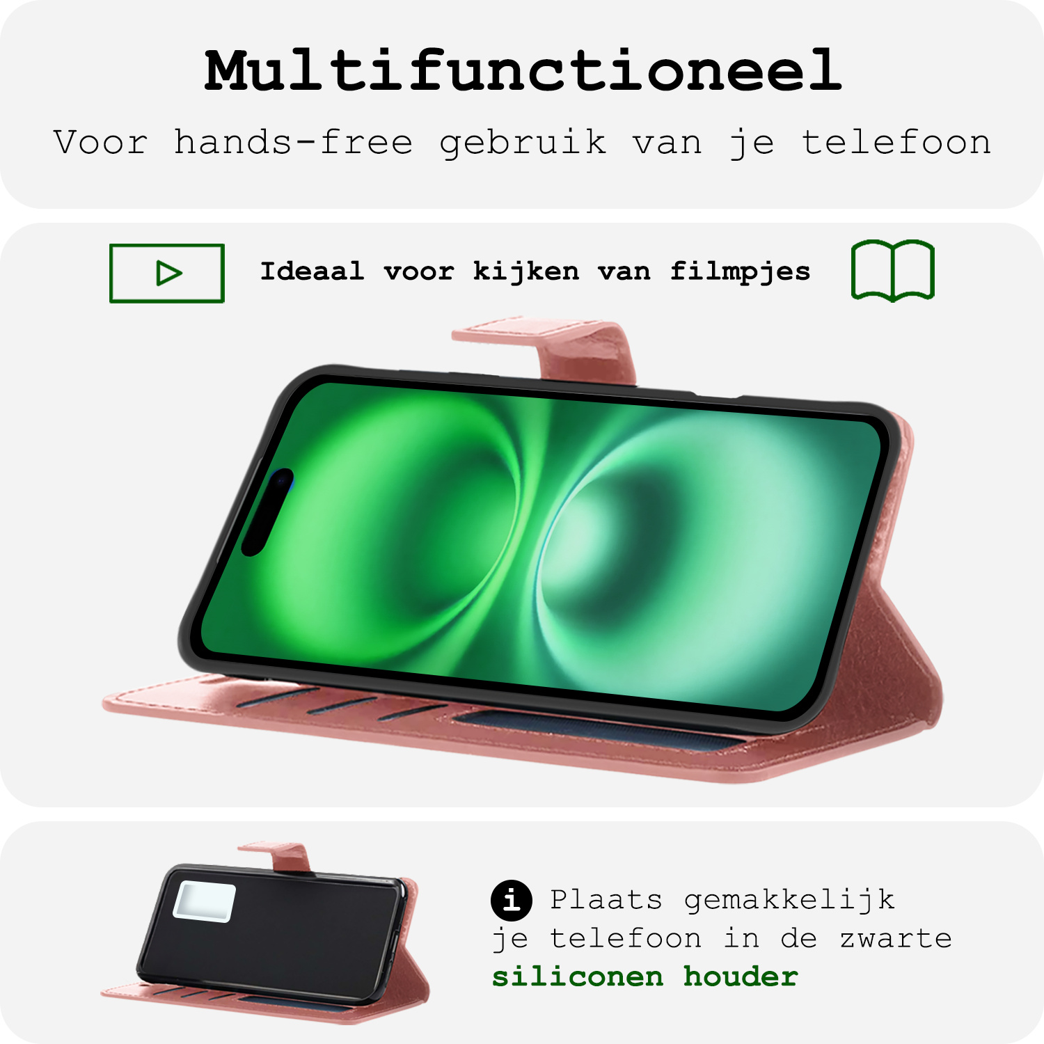 BASEY. Hoes Geschikt voor iPhone 16 Hoesje Bookcase Hoes Flip Case Book Cover Met Screenprotector - Hoesje Geschikt voor iPhone 16 Hoes Book Case Hoesje - Rosé goud