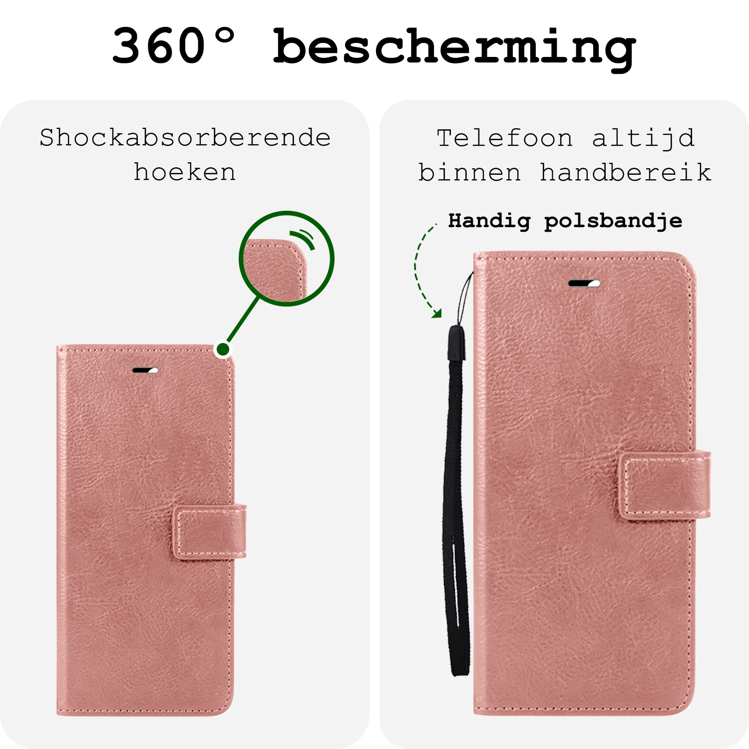 BASEY. Hoes Geschikt voor iPhone 16 Hoesje Bookcase Hoes Flip Case Book Cover Met Screenprotector - Hoesje Geschikt voor iPhone 16 Hoes Book Case Hoesje - Rosé goud