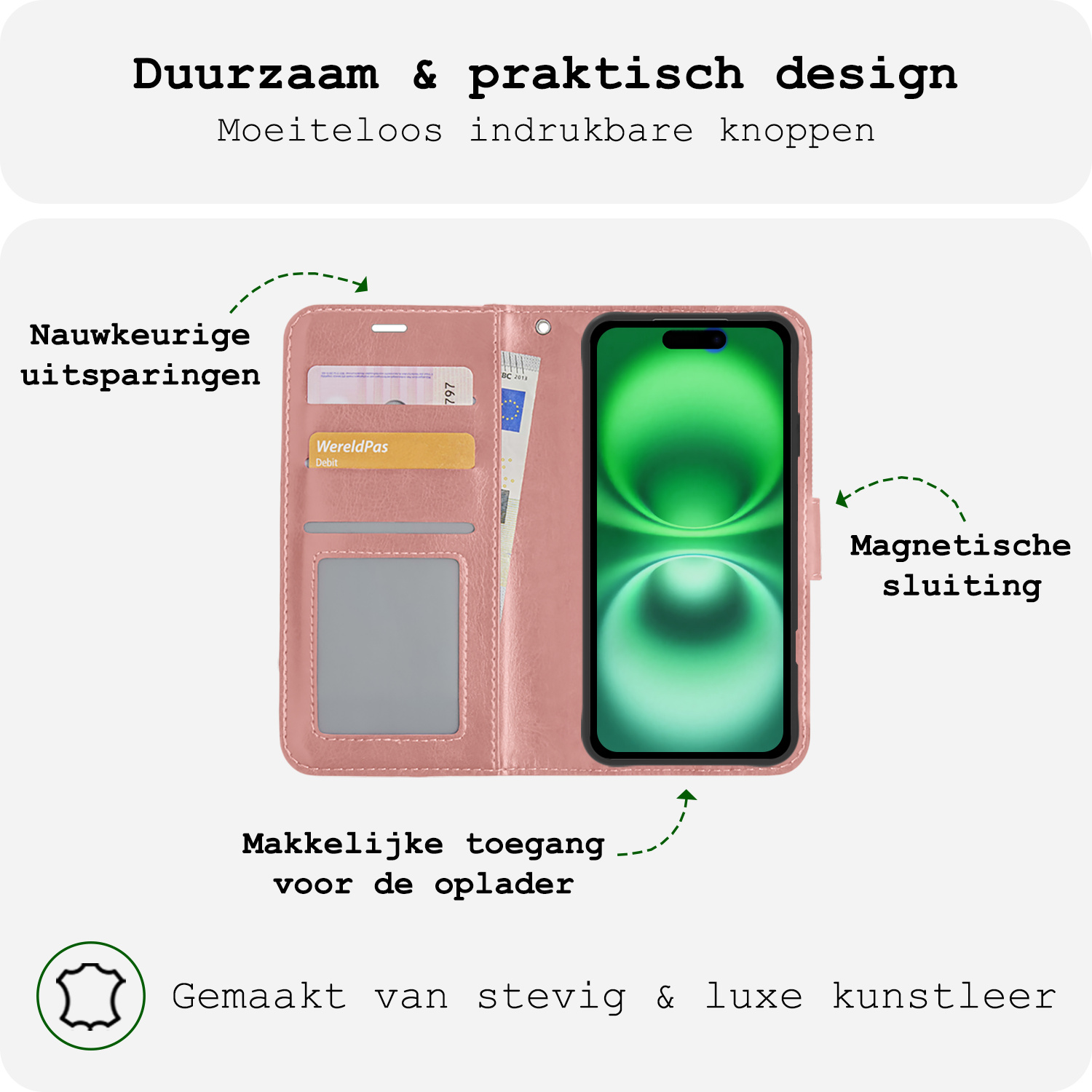 BASEY. Hoes Geschikt voor iPhone 16 Hoesje Bookcase Hoes Flip Case Book Cover Met Screenprotector - Hoesje Geschikt voor iPhone 16 Hoes Book Case Hoesje - Rosé goud