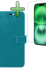 BASEY. Hoes Geschikt voor iPhone 16 Hoesje Bookcase Hoes Flip Case Book Cover Met Screenprotector - Hoesje Geschikt voor iPhone 16 Hoes Book Case Hoesje - Turquoise