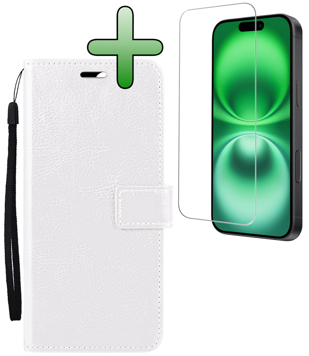 BASEY. Hoes Geschikt voor iPhone 16 Hoesje Bookcase Hoes Flip Case Book Cover Met Screenprotector - Hoesje Geschikt voor iPhone 16 Hoes Book Case Hoesje - Wit