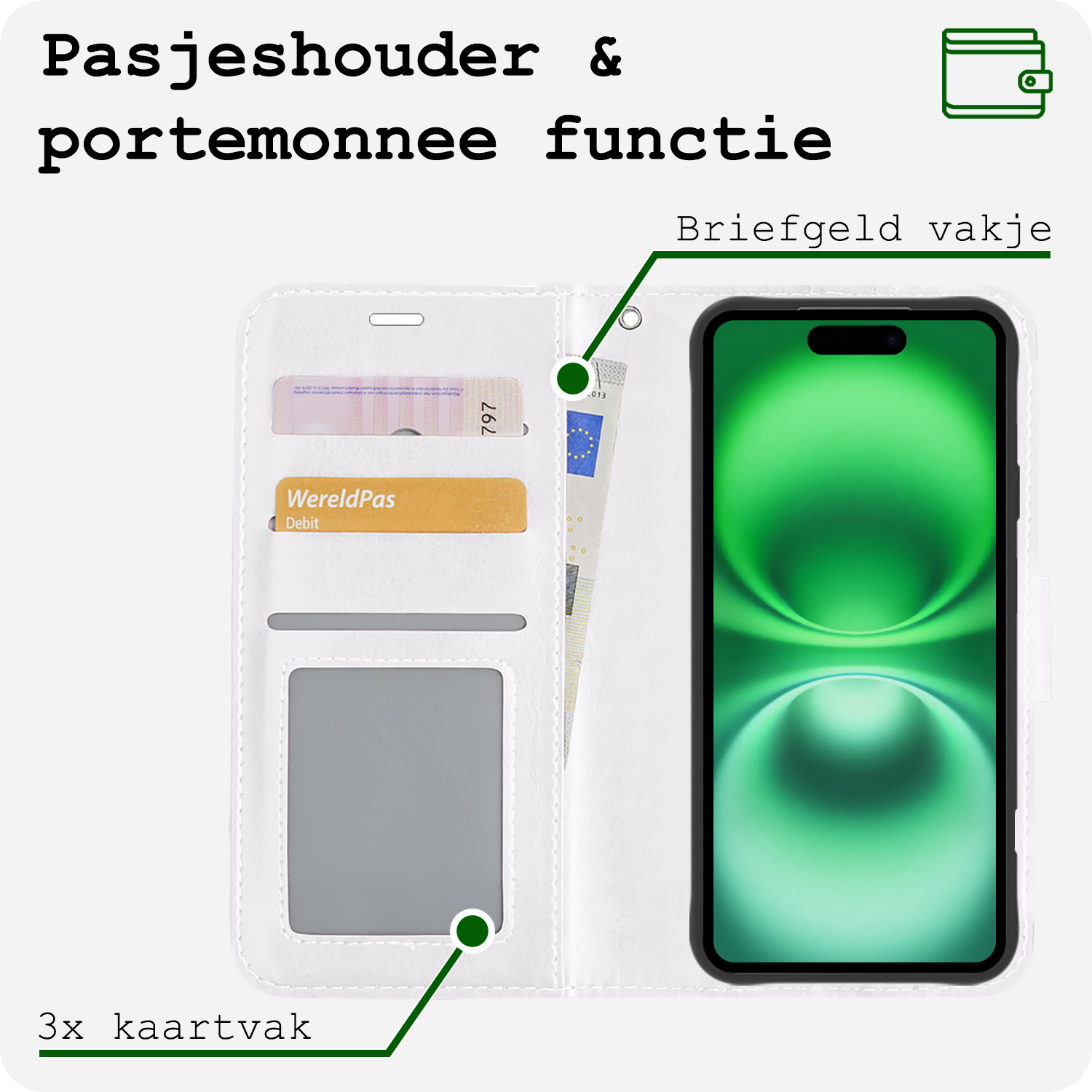 BASEY. Hoes Geschikt voor iPhone 16 Hoesje Bookcase Hoes Flip Case Book Cover Met Screenprotector - Hoesje Geschikt voor iPhone 16 Hoes Book Case Hoesje - Wit