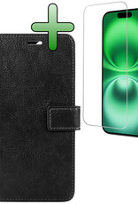 BASEY. Hoes Geschikt voor iPhone 16 Hoesje Bookcase Hoes Flip Case Book Cover Met Screenprotector - Hoesje Geschikt voor iPhone 16 Hoes Book Case Hoesje - Zwart