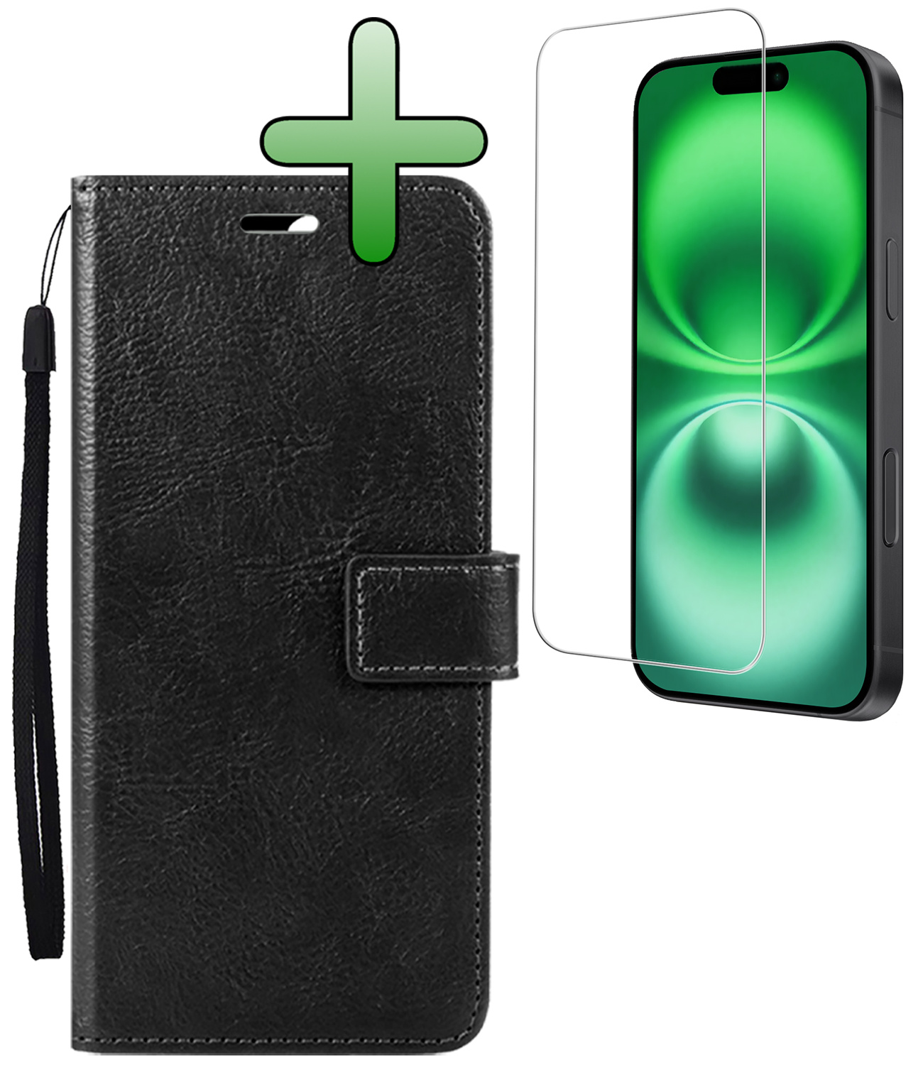 BASEY. Hoes Geschikt voor iPhone 16 Hoesje Bookcase Hoes Flip Case Book Cover Met Screenprotector - Hoesje Geschikt voor iPhone 16 Hoes Book Case Hoesje - Zwart