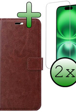 BASEY. Hoes Geschikt voor iPhone 16 Hoesje Bookcase Hoes Flip Case Book Cover Met 2x Screenprotector - Hoesje Geschikt voor iPhone 16 Hoes Book Case Hoesje - Bruin