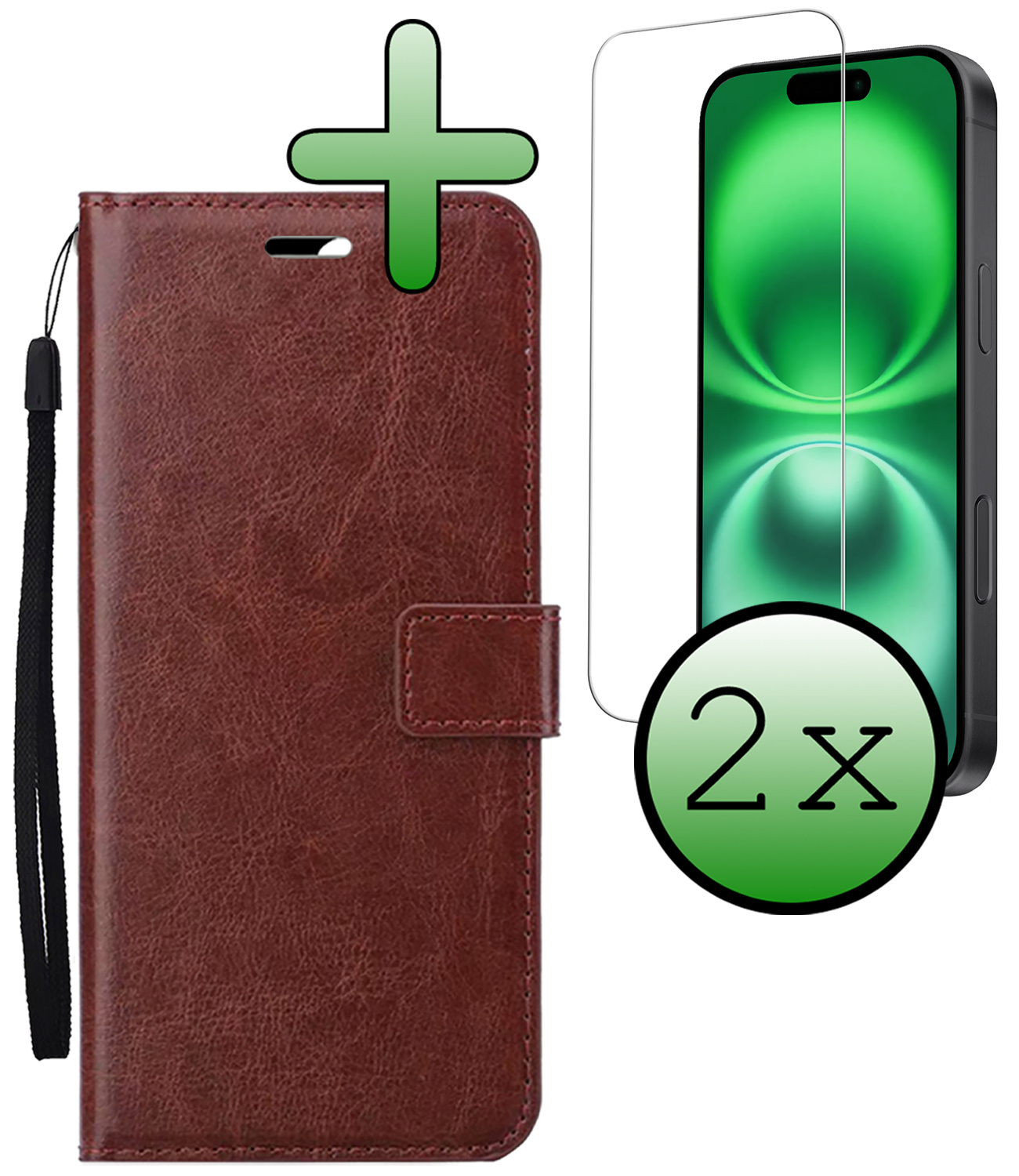 BASEY. Hoes Geschikt voor iPhone 16 Hoesje Bookcase Hoes Flip Case Book Cover Met 2x Screenprotector - Hoesje Geschikt voor iPhone 16 Hoes Book Case Hoesje - Bruin