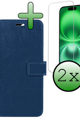 BASEY. Hoes Geschikt voor iPhone 16 Hoesje Bookcase Hoes Flip Case Book Cover Met 2x Screenprotector - Hoesje Geschikt voor iPhone 16 Hoes Book Case Hoesje - Donkerblauw