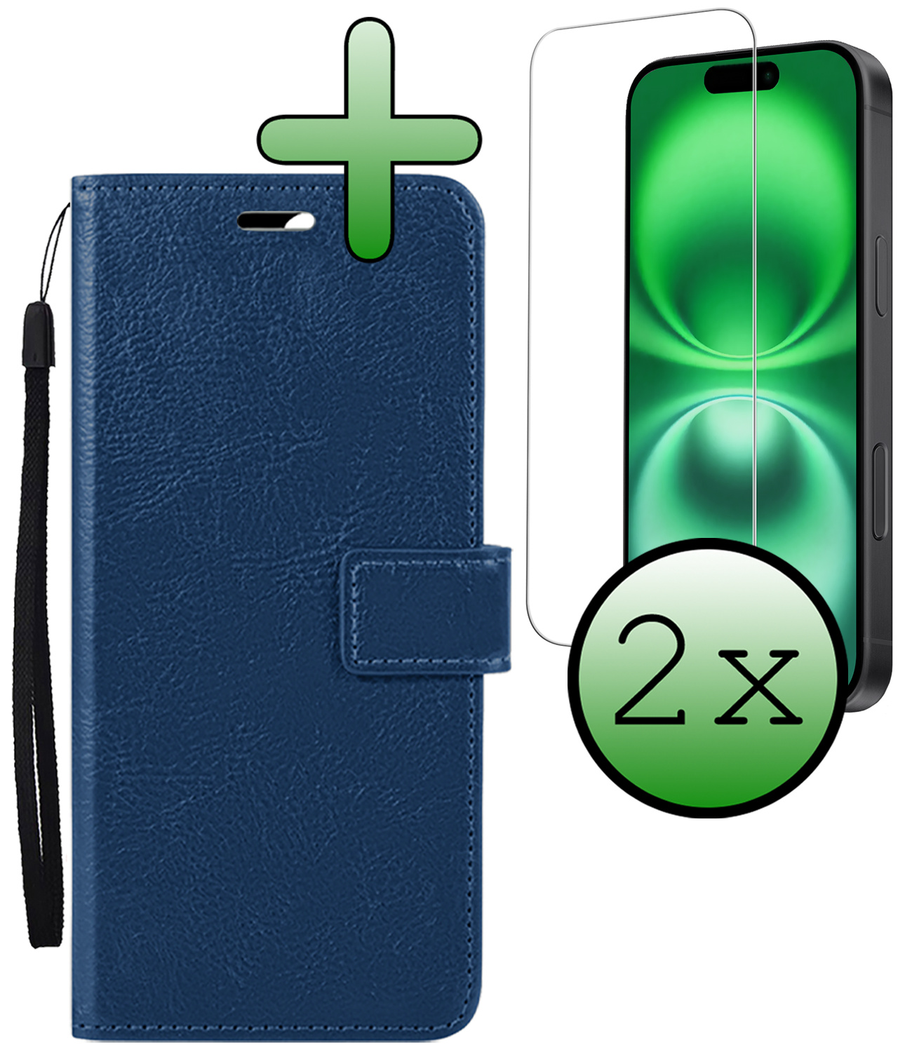 BASEY. Hoes Geschikt voor iPhone 16 Hoesje Bookcase Hoes Flip Case Book Cover Met 2x Screenprotector - Hoesje Geschikt voor iPhone 16 Hoes Book Case Hoesje - Donkerblauw