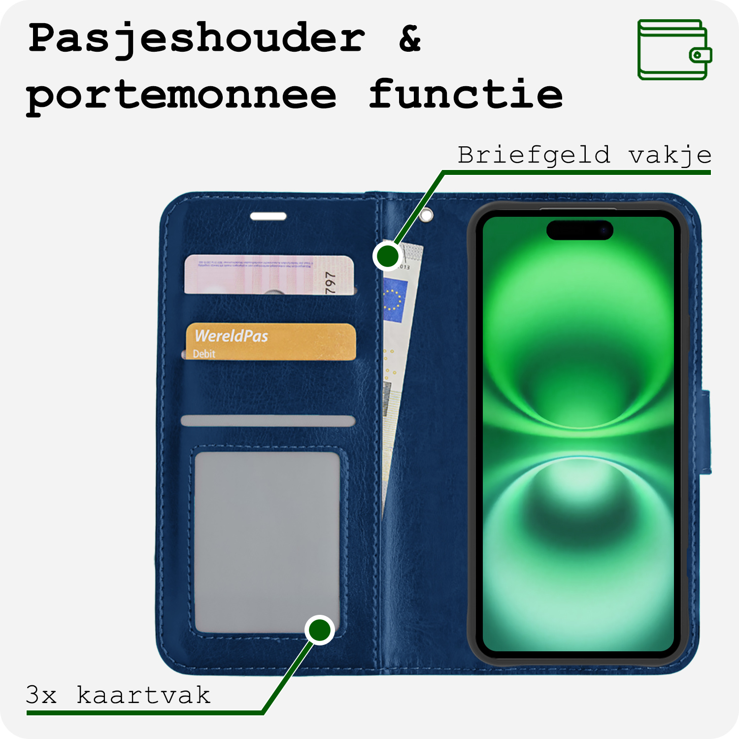 BASEY. Hoes Geschikt voor iPhone 16 Hoesje Bookcase Hoes Flip Case Book Cover Met 2x Screenprotector - Hoesje Geschikt voor iPhone 16 Hoes Book Case Hoesje - Donkerblauw